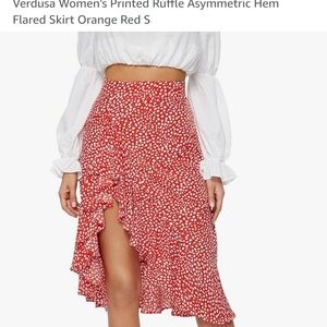 Women's Orange Red Printed Asymmetric Ruffle Skirt